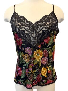 Vintage Vanity Fair Silky Satin Gothic Floral Lace Camisole Cami Top 38 L XL